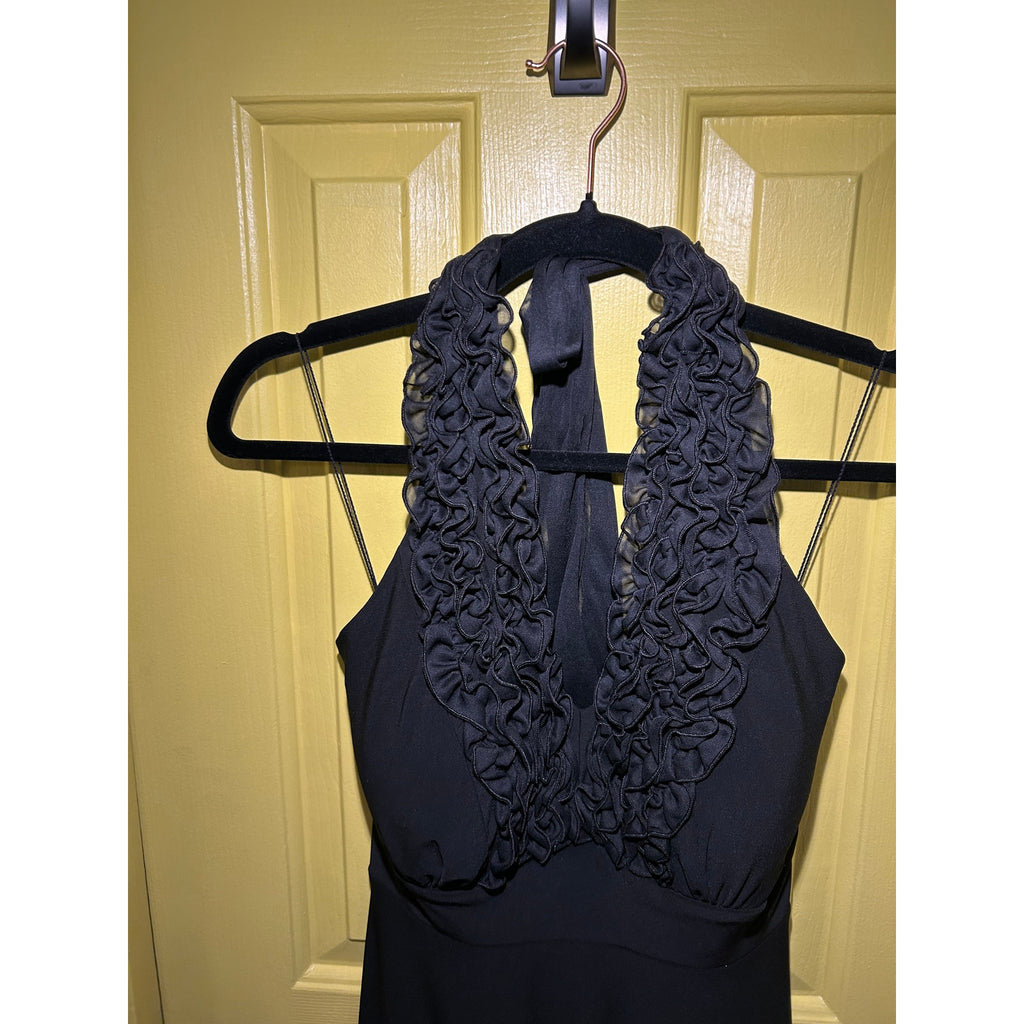 Blu Sage Black Halter Midi Dress 6 Lace Ruffle Cocktail Wedding Guest Party Boho