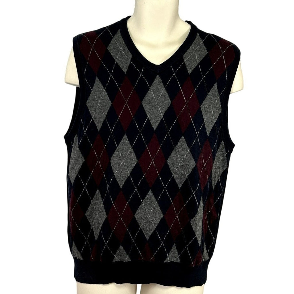 Chaps L Blue Argyle Cotton Knit V-Neck Sweater Vest Preppy Dark Academia