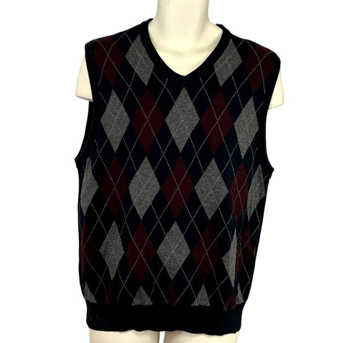 Chaps L Blue Argyle Cotton Knit V-Neck Sweater Vest Preppy Dark Academia