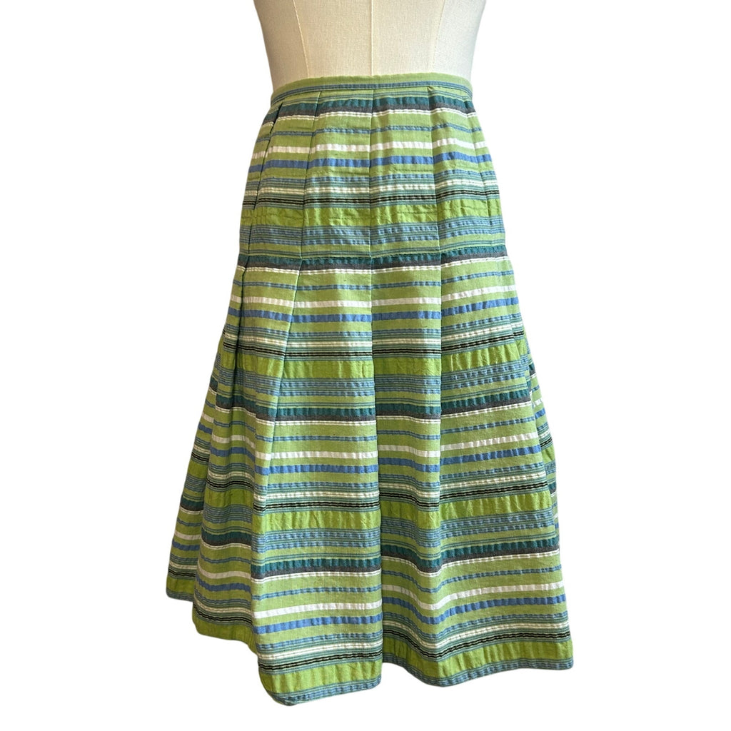 VTG 90s Green Seersucker Cotton Blend Lined Midi Skirt 8 Preppy Retro Cottage