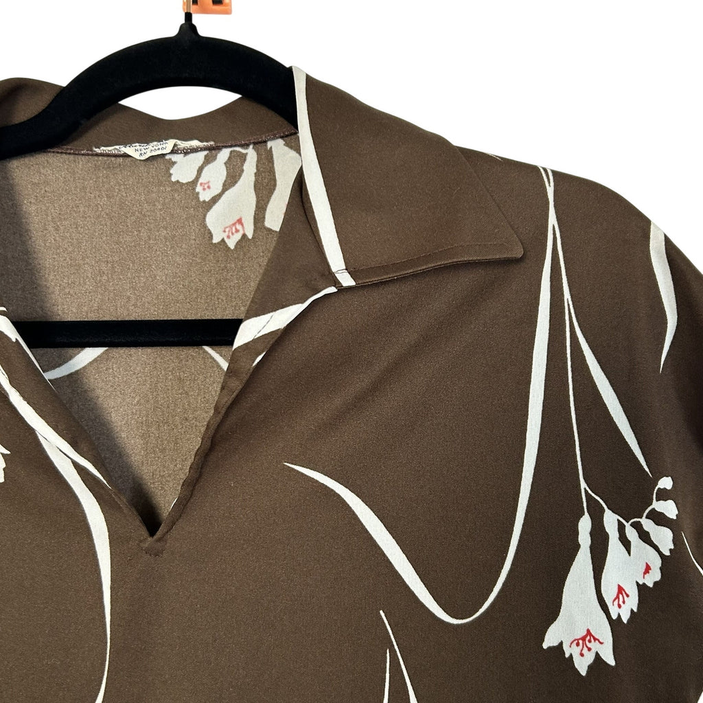 VTG 70s Mardi Modes New York Brown Floral Knit V-Neck Short Sleeve Top Medium