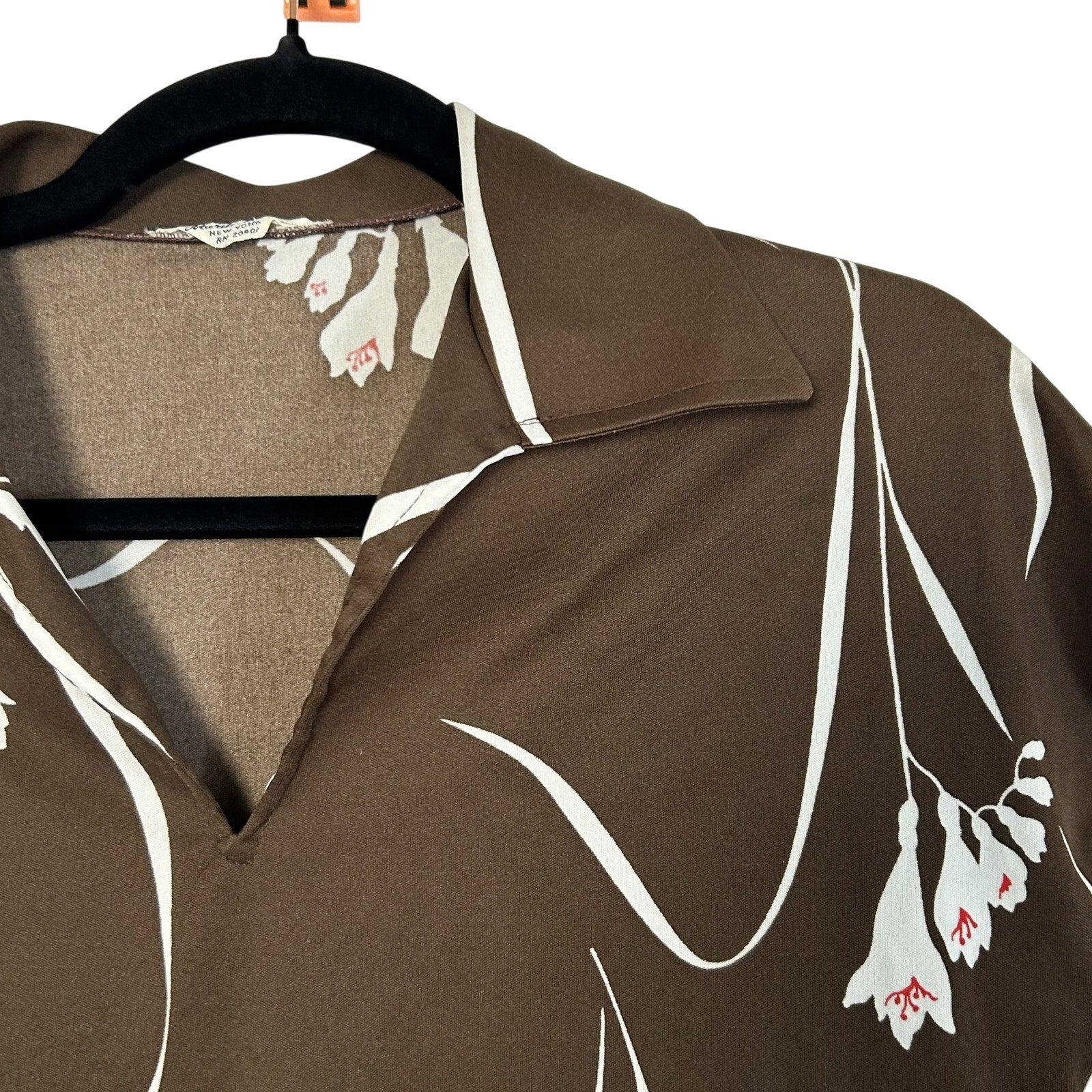 VTG 70s Mardi Modes New York Brown Floral Knit V-Neck Short Sleeve Top Medium