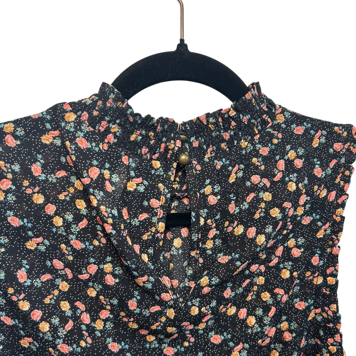 Black Pink Floral Sleeveless Mock Neck M Smocked Top Ruffle Y2K Romantic Goth