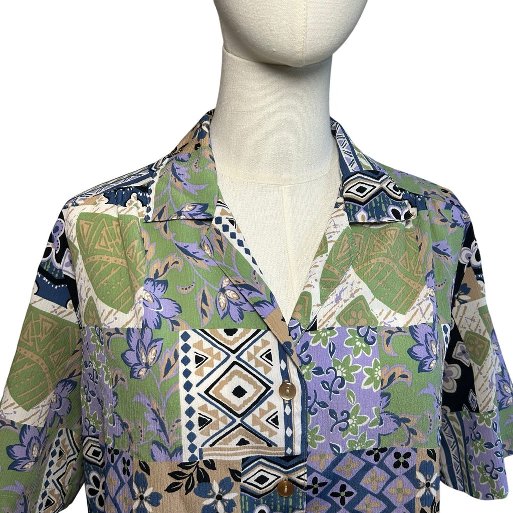 VTG 90s DonnKenny L Purple Green Patchwork Print Top Indie Maximalist Retro Boho