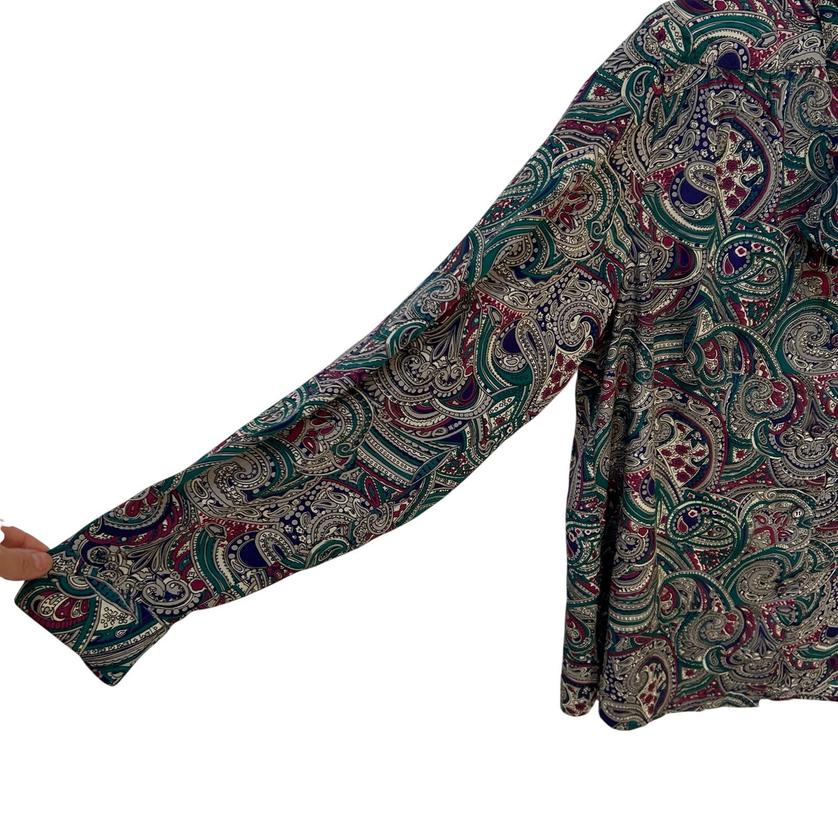 VTG Alfred Dunner Teal Purple Paisley Tie Neck Pussybow Blouse Large Whimsygoth