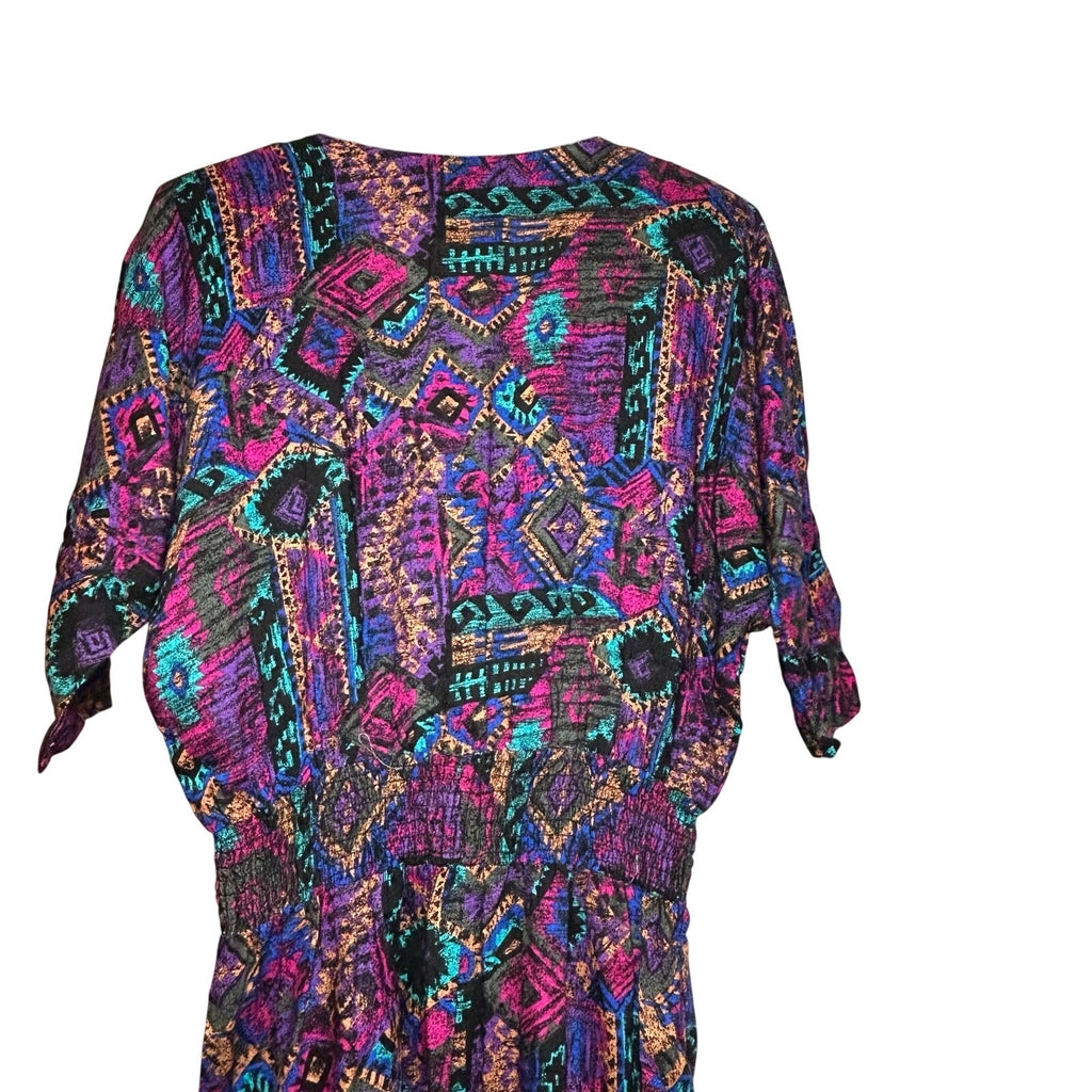 VTG En Focus Geometric Jumpsuit Purple L Rayon Southwestern Boho 90s USA Made
