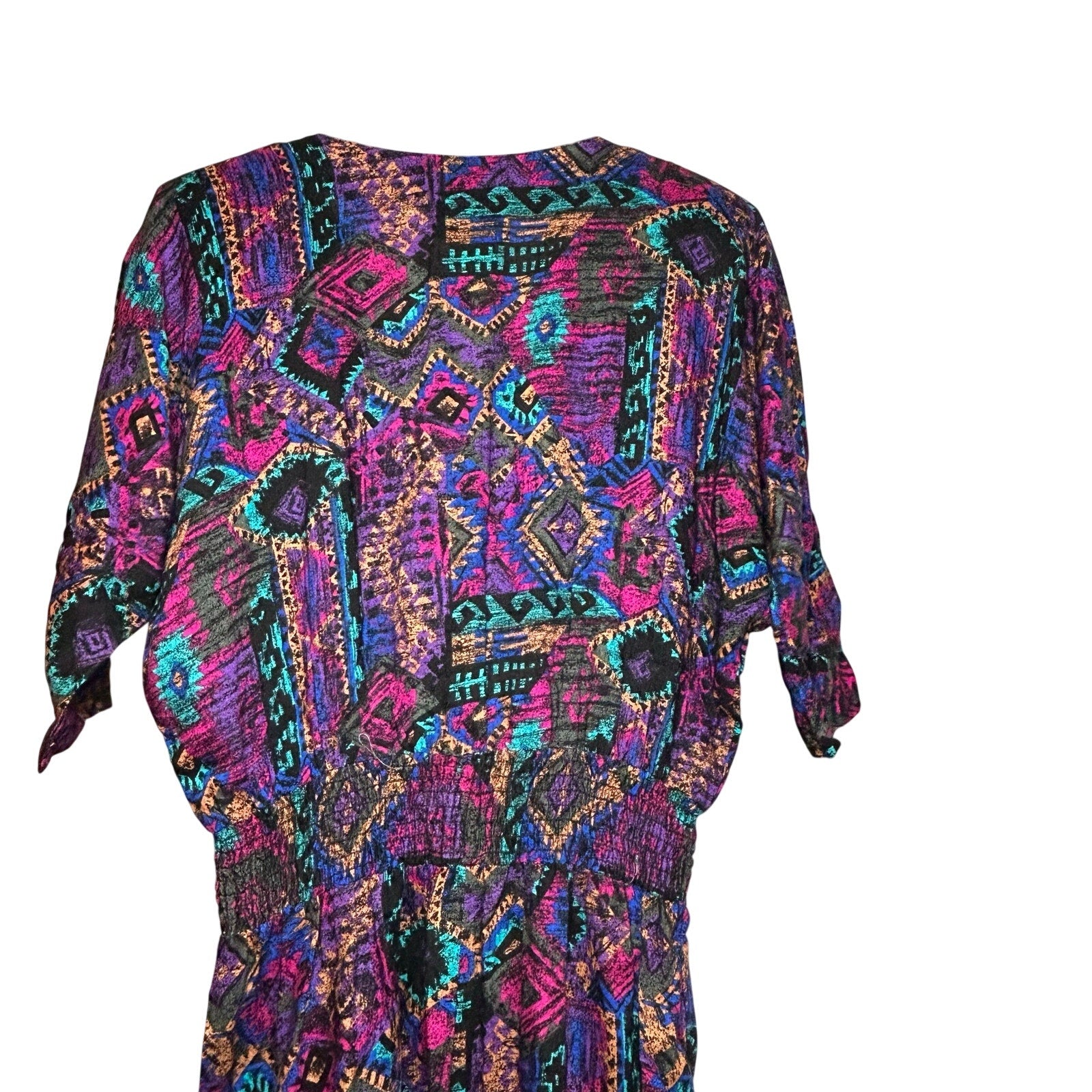 VTG En Focus Geometric Jumpsuit Purple L Rayon Southwestern Boho 90s USA Made