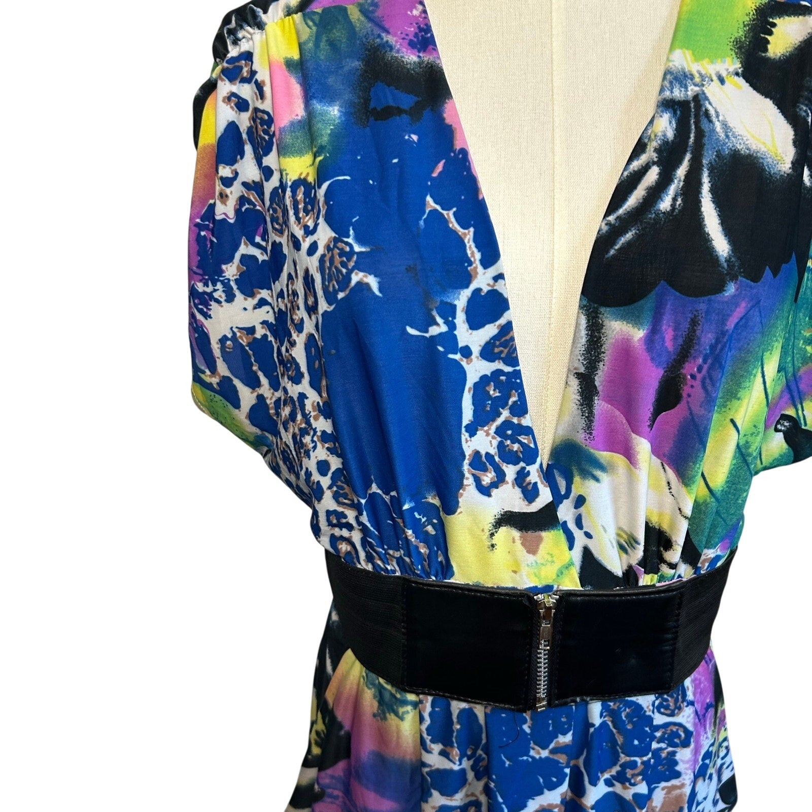 VTG Y2K Roommates Multicolored 4 Mini Dress Pockets Belt Retro Indie Twee Party