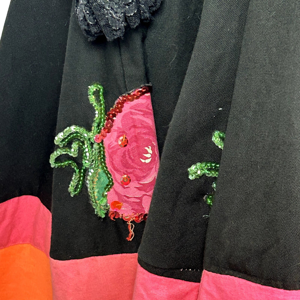 VTG 70s Vintage XS Black Pink Mexican Folkloric Flounce Sequin Dress Retro