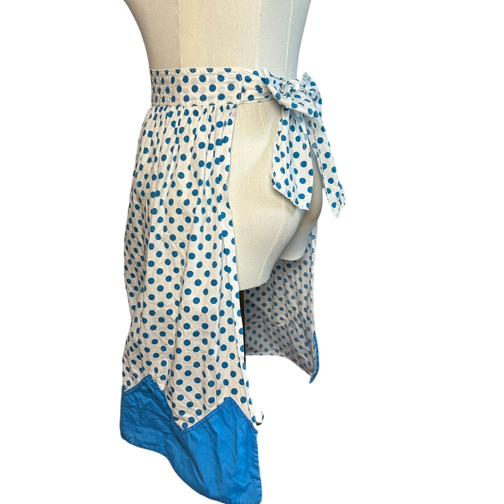 VTG Blue White Cotton Apron Handmade Pocket Polka Dot Cottage Retro Western Boho