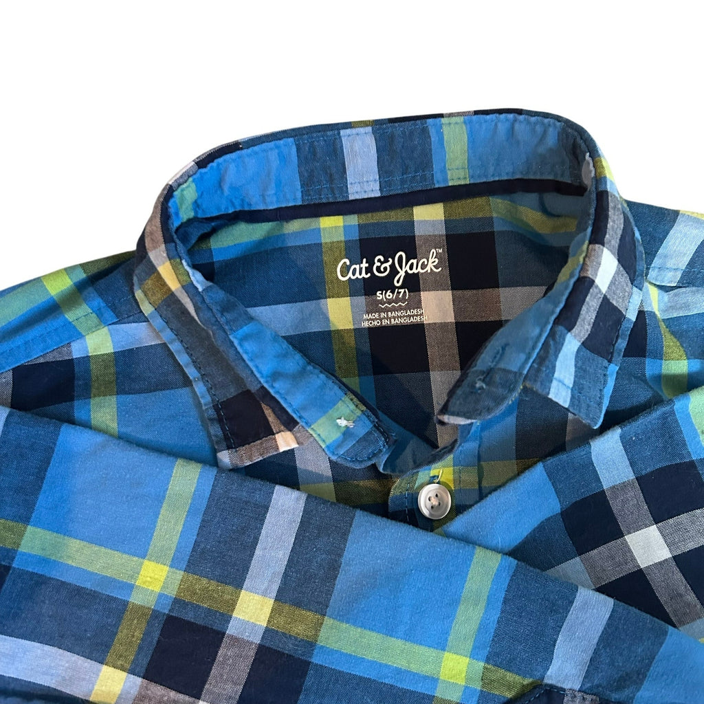 Cat & Jack Boys Blue Green Plaid Shirt Size 6/7 Long Sleeve FLAW