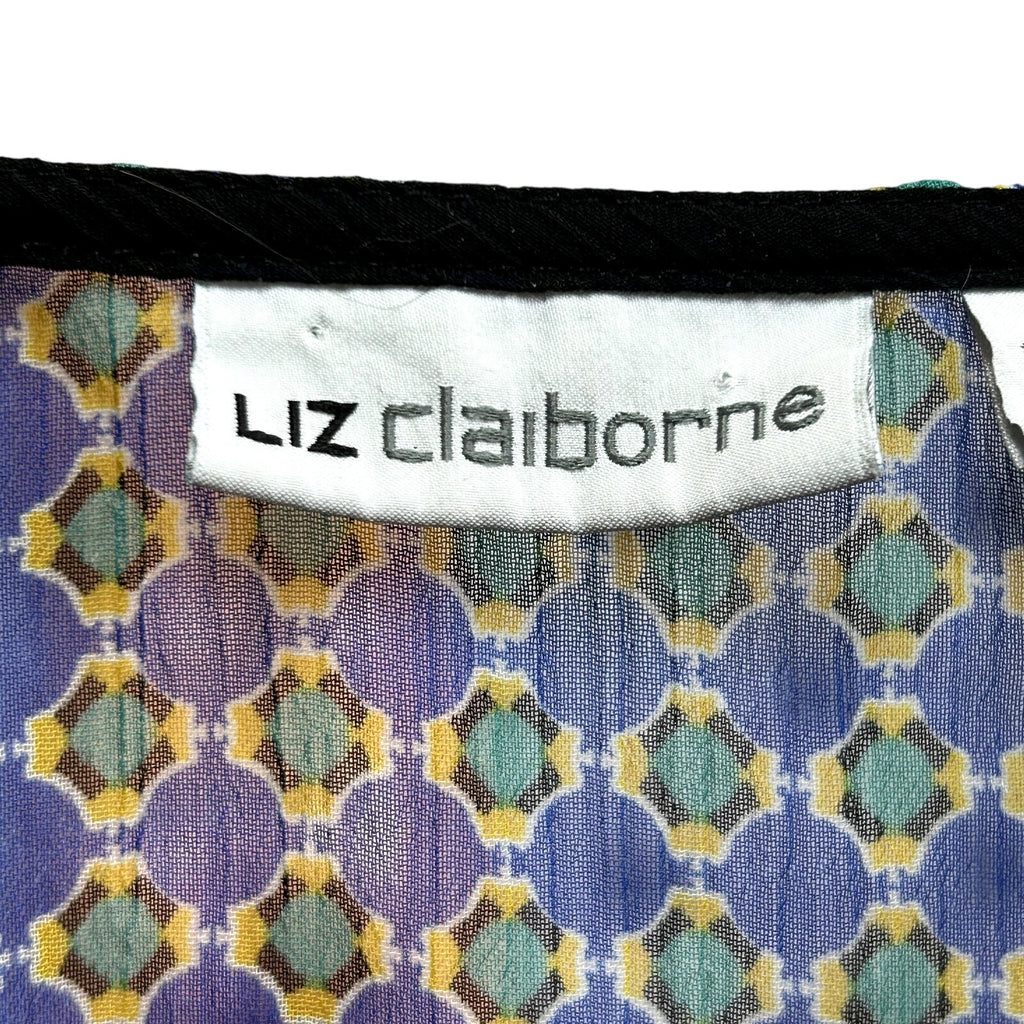 Liz Claiborne XL Blue Green Chiffon Sleeveless V-Neck Blouse Boho Top Maximalist