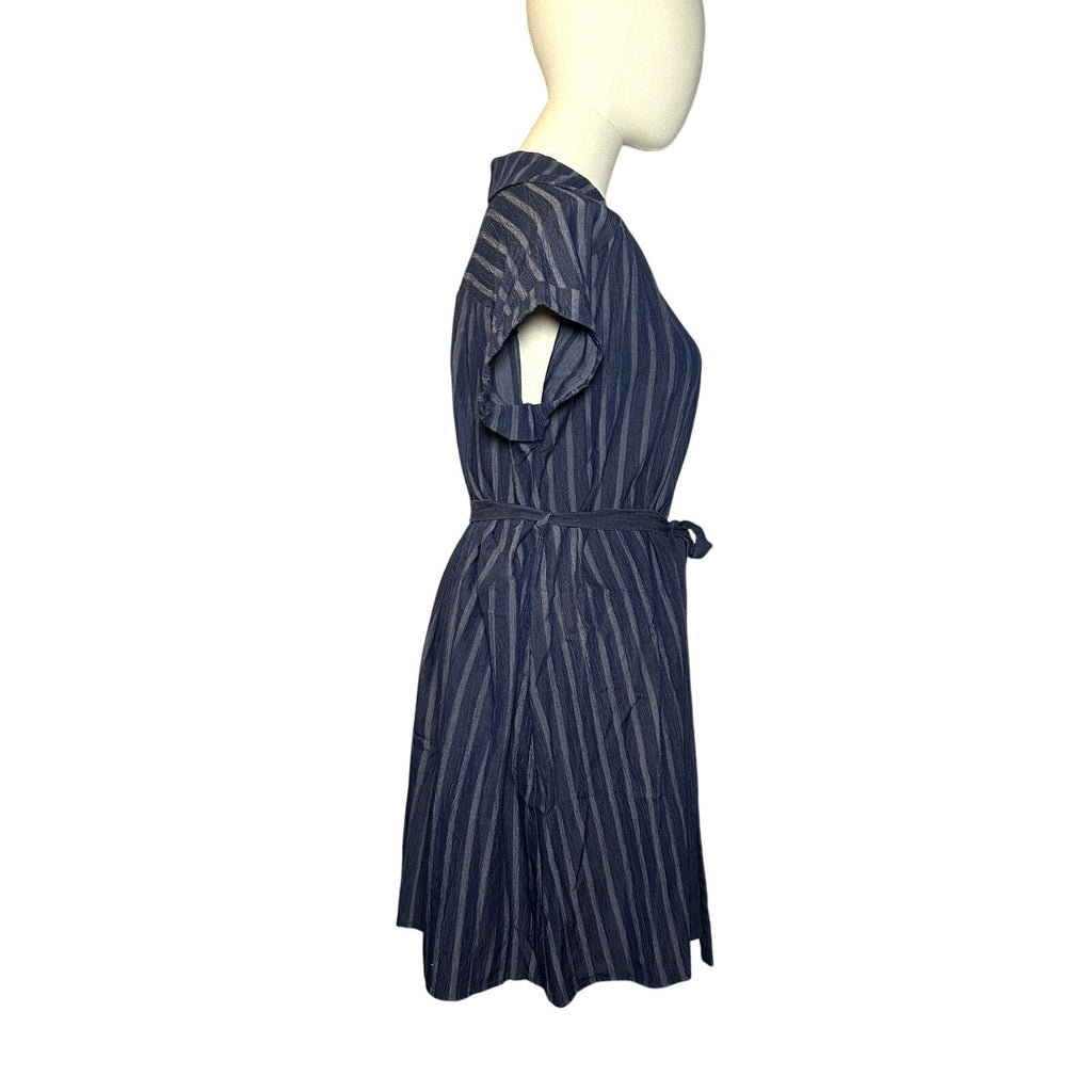 Naif Navy Blue Striped Cotton Blend Shirt Dress Tie Waist Women's Medium Casual