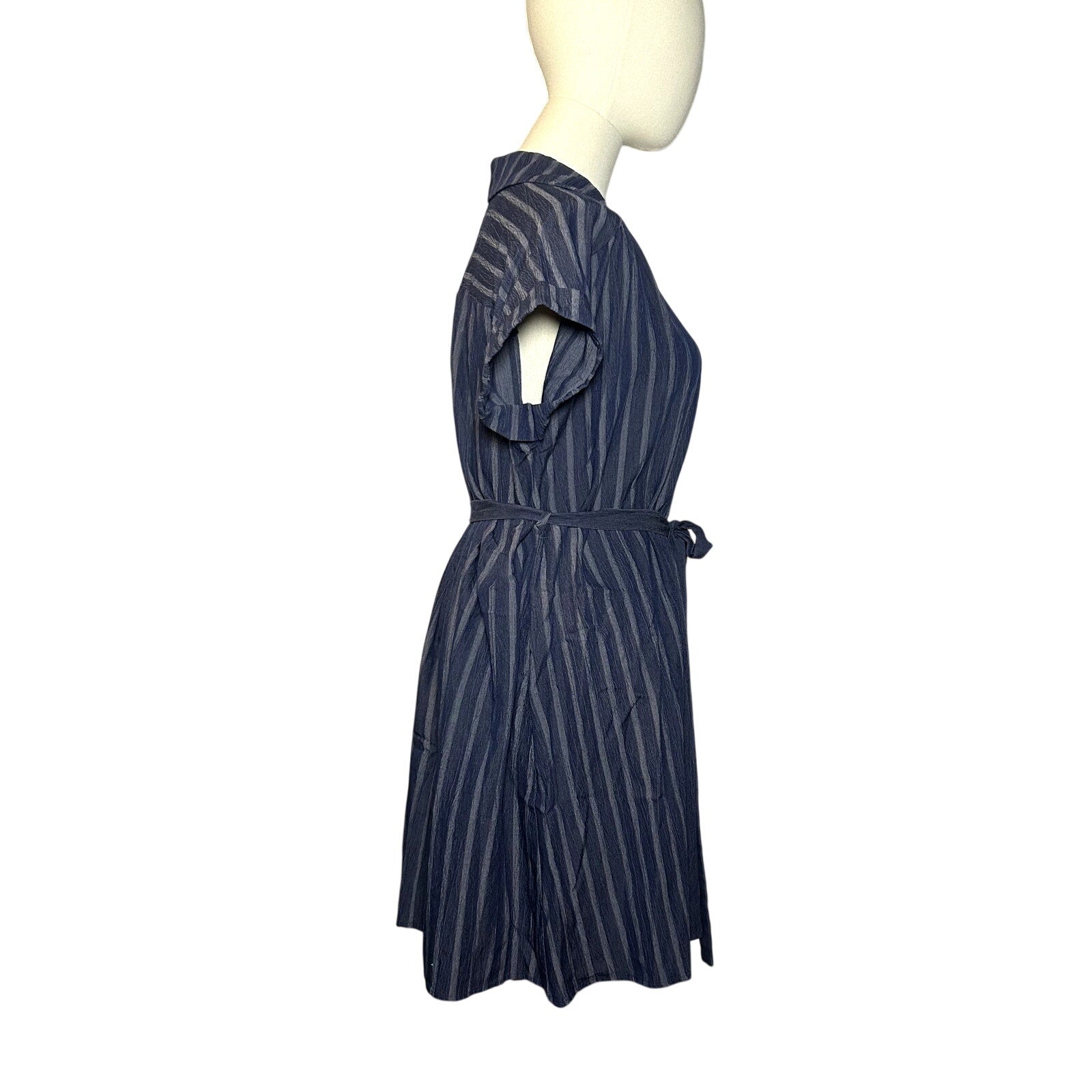Naif Navy Blue Striped Cotton Blend Shirt Dress Tie Waist Women's Medium Casual