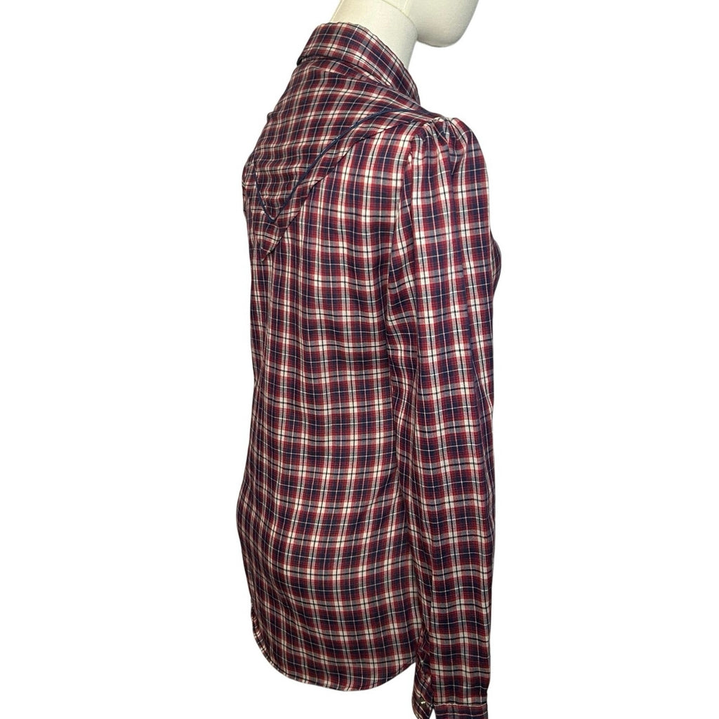 VTG 70s Kenny Rogers XS/S Western Red Plaid Snap Puff Sleeve Shirt Cottage Boho