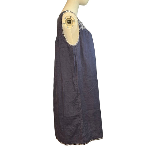 C&C California Blue White 100% Linen Dress Large Cottage Boho Minimalist Casual