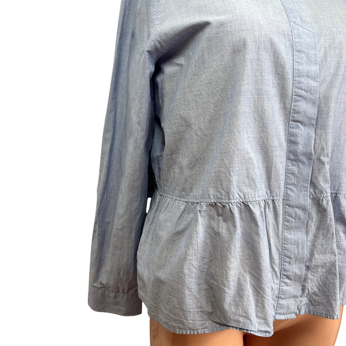 Madewell M Blue Top Mandarin Peplum Hem Minimalist Casual Monochrome Chambray