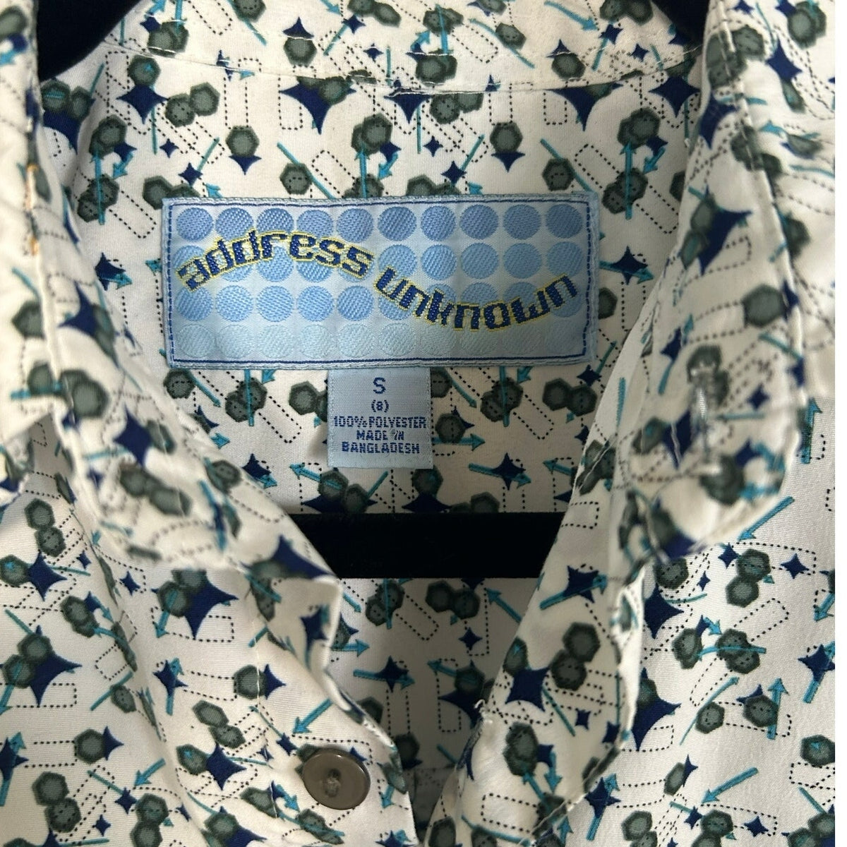 VTG Address Unknown White Teal Navy S Atomic Pattern Retro 90s Mod Poly Button