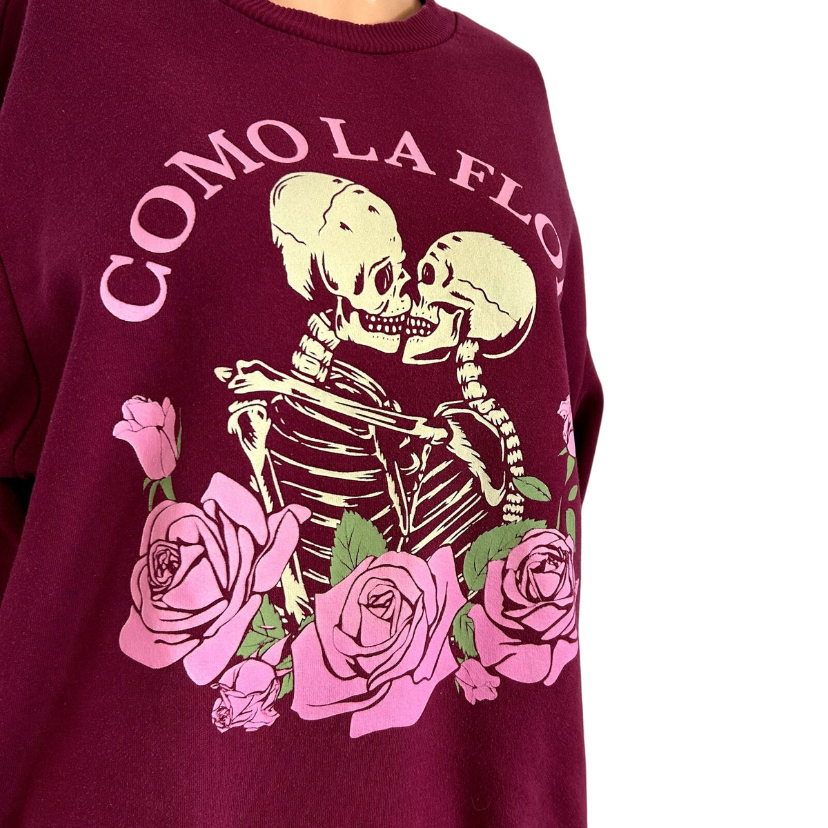 Mighty Fine XS Burgundy Kissing Skeletons Sweatshirt Como La Flor Rose Selena