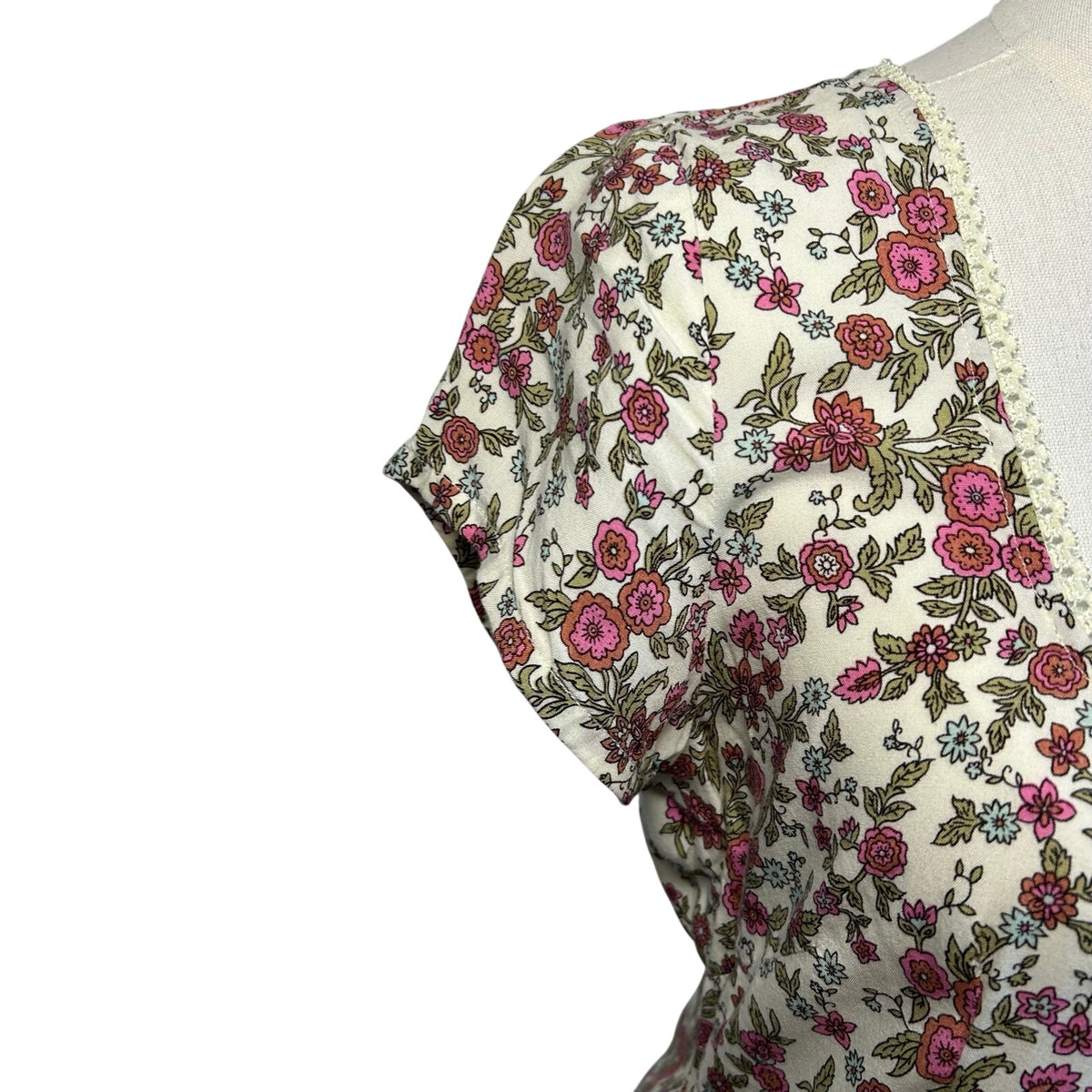 Motel White Pink Cottagecore Pleated Mini M Dress Basque Floral Coquette Fairy