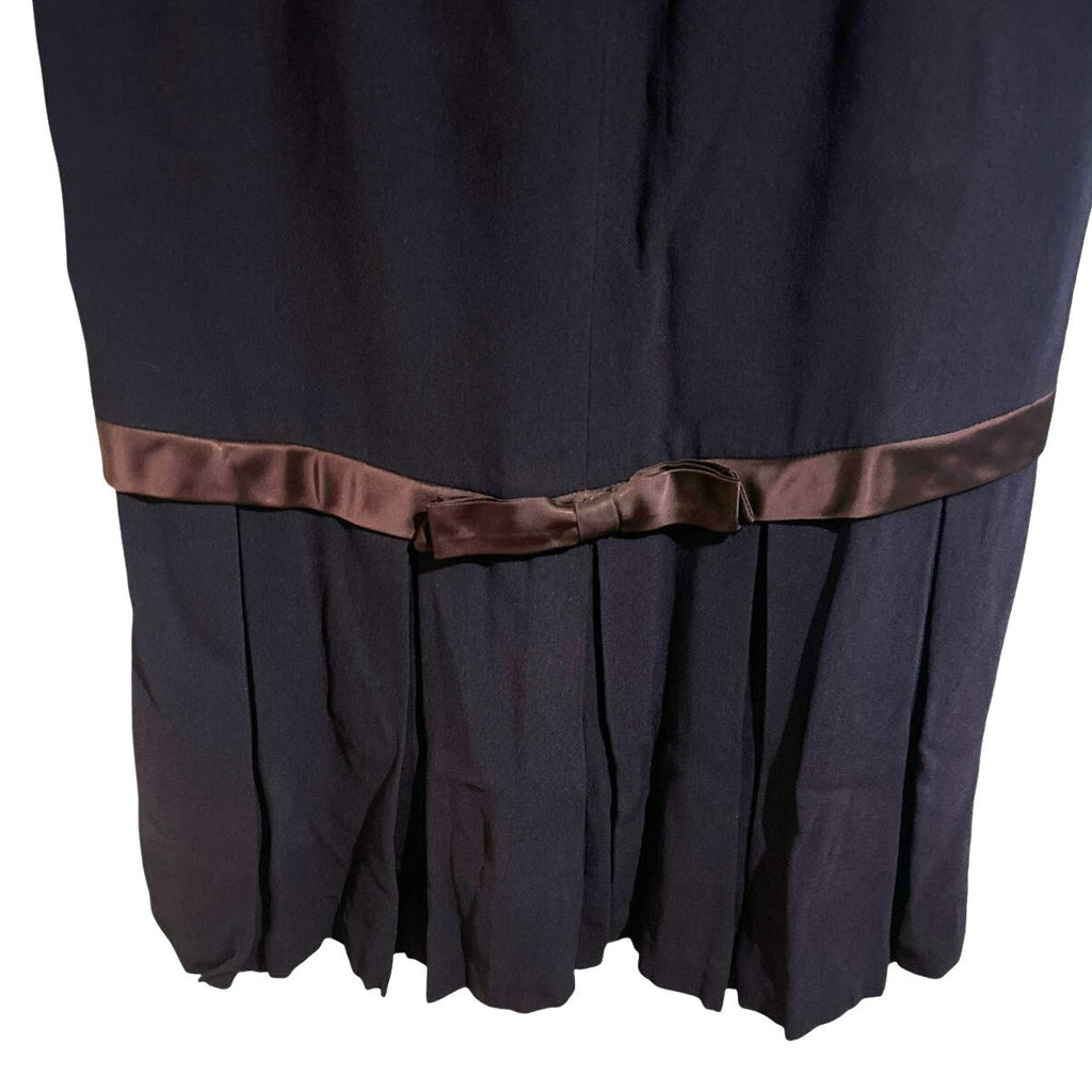 VTG 1950s Navy Blue Crepe Drop Waist Cocktail Dress Satin Bow Pleated Skirt M
