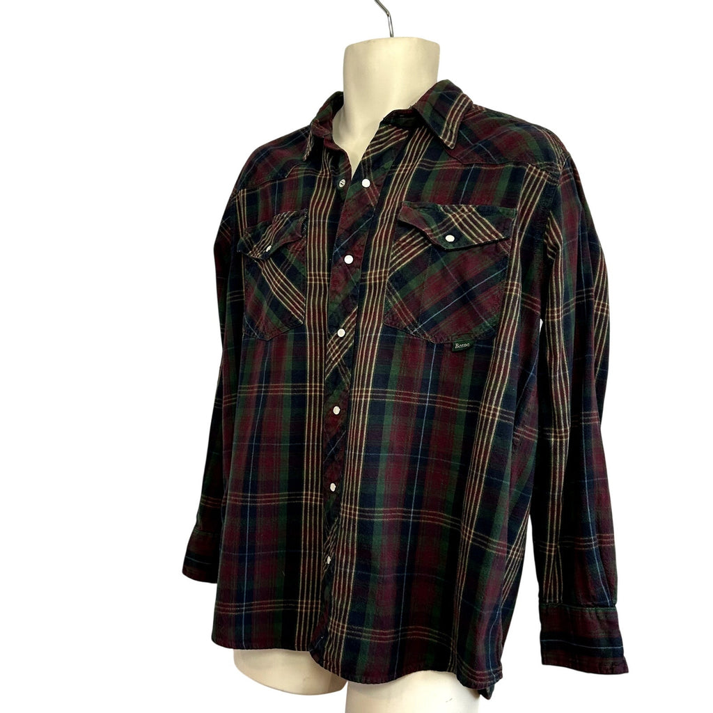 Berne L Multicolor Plaid Flannel Pearl Snap Work Shirt Utility Pen Pocket Gorp