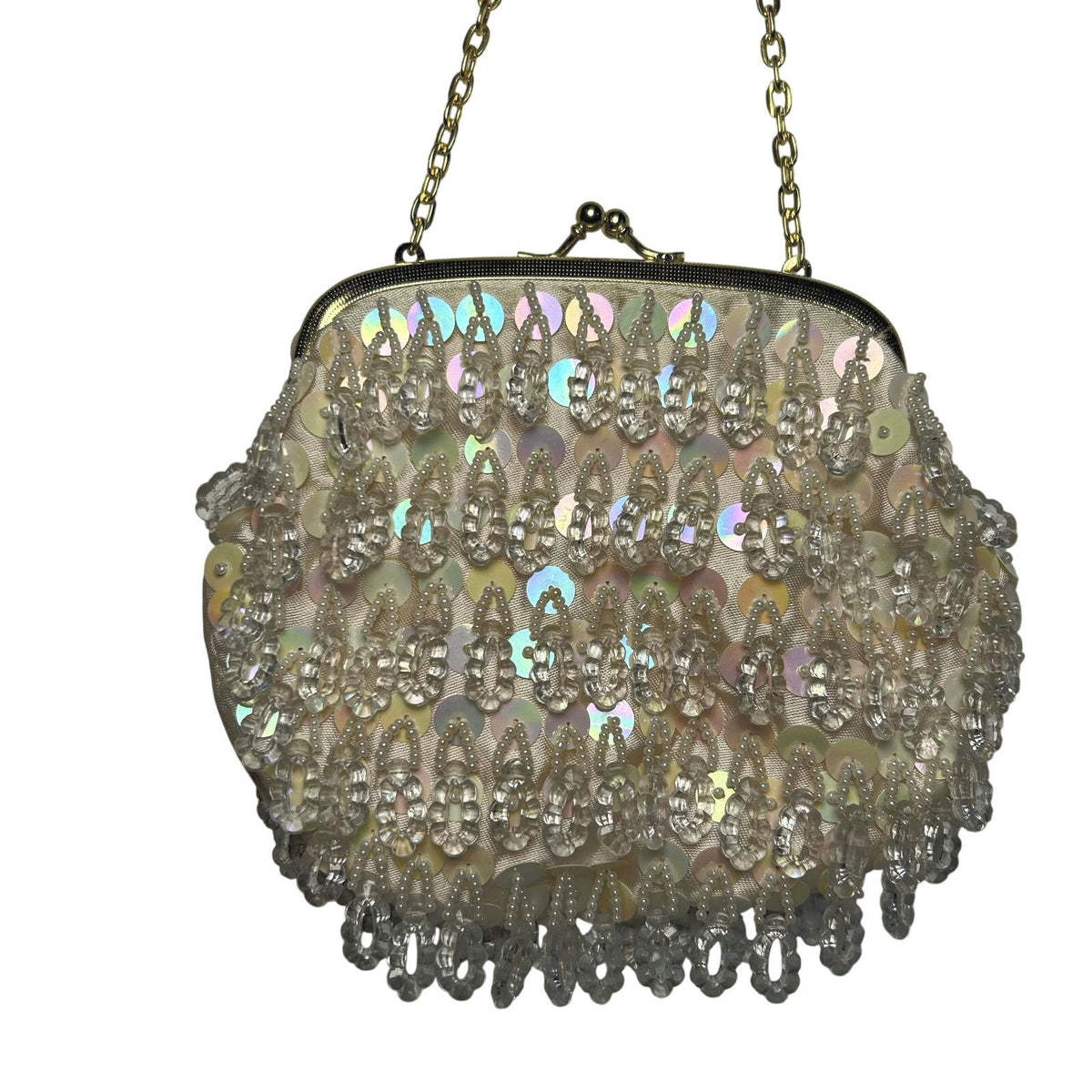 VTG 70s Flapper Bag Beaded Sequin Kiss Lock Clutch Purse Handbag Glam Retro Twee