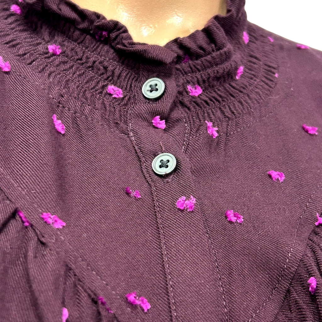 LOFT M Purple Blouse Swiss Dot Smocking Coquette Ruffle Feminine Chic Clown Boho