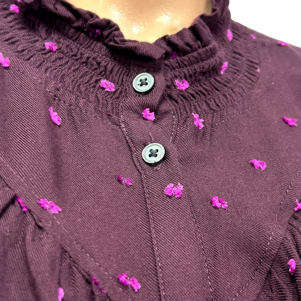 LOFT M Purple Blouse Swiss Dot Smocking Coquette Ruffle Feminine Chic Clown Boho