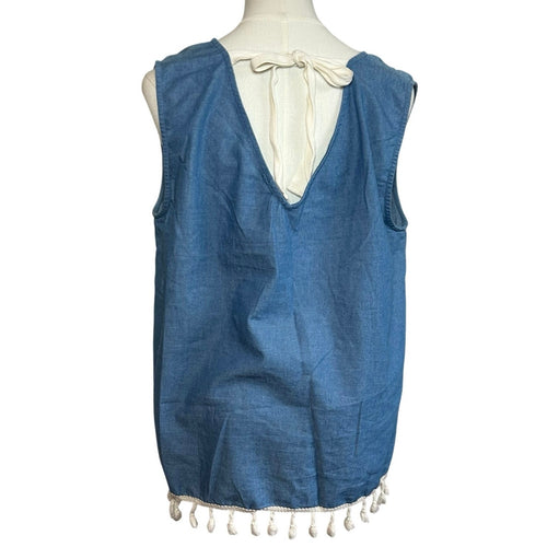 Entro Denim Embroidered Tank Top Fringe Boho Large Cottage Resort Casual Summer