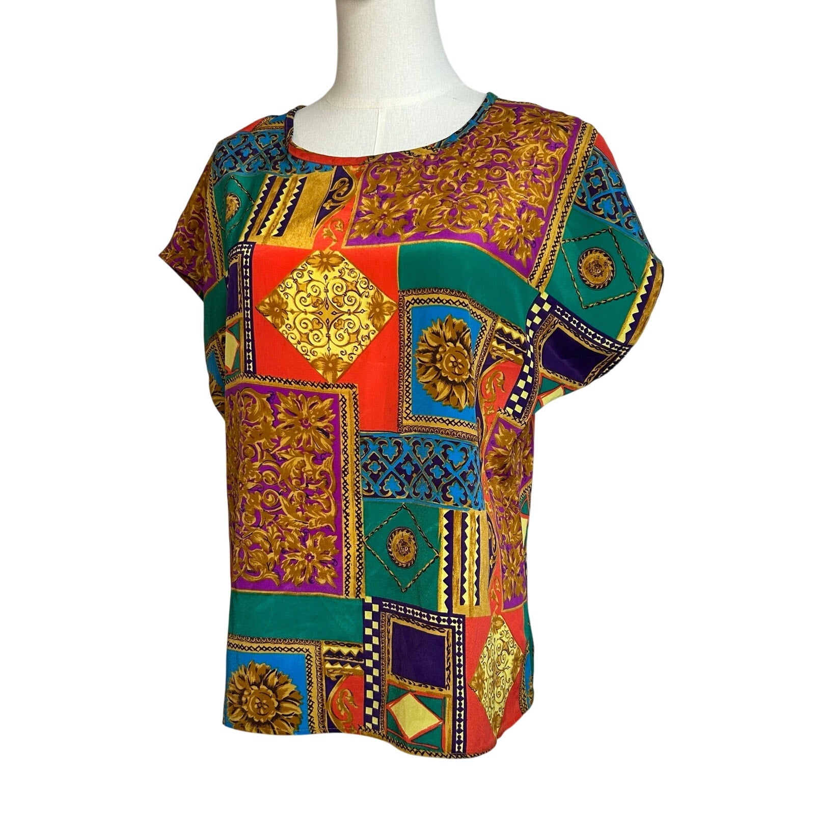 VTG 80s Multicolor Geometric L Short Sleeve Top Office Siren Maximalist Retro