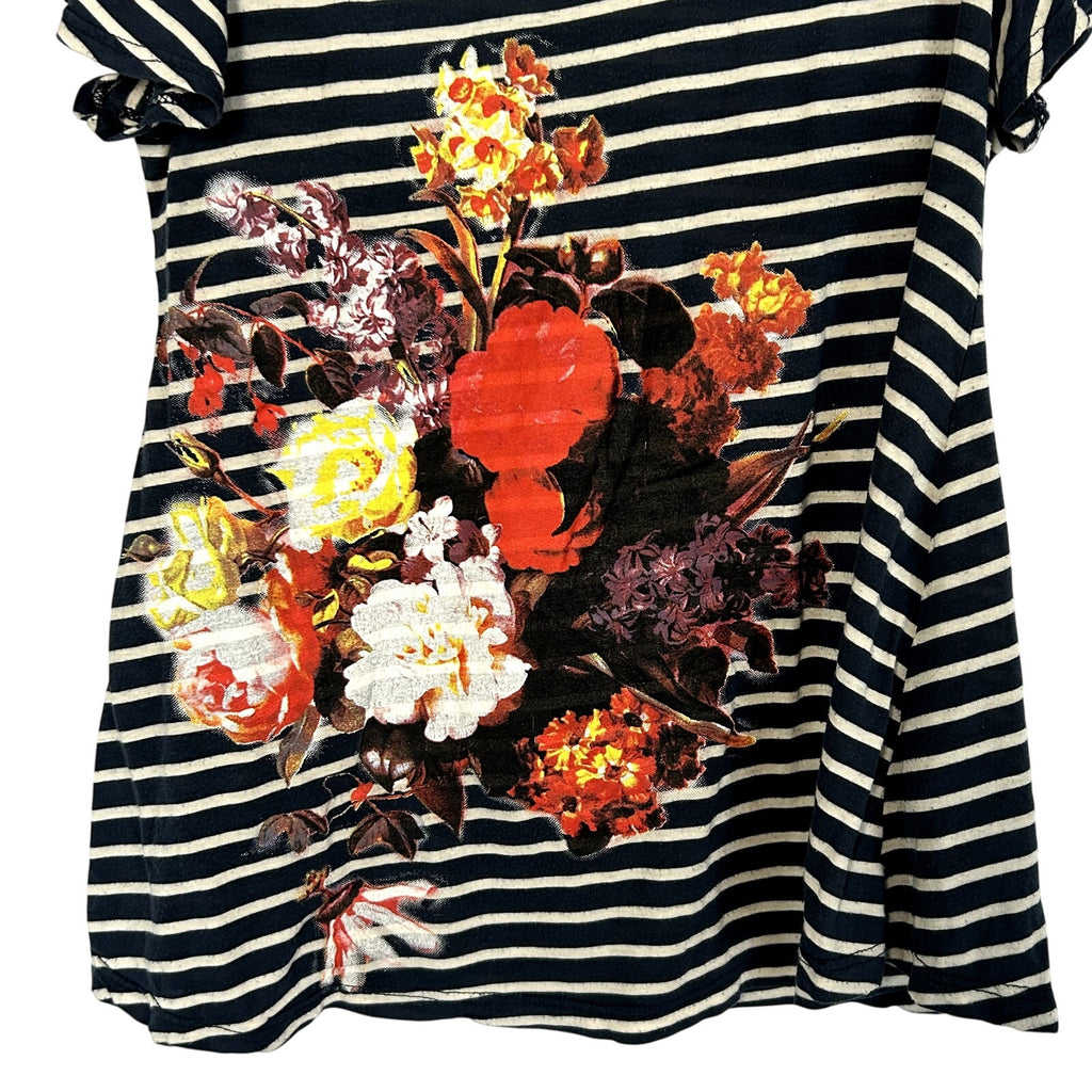 Forever 21 Navy White Striped Floral Graphic Tee Modal Blend Soft Casual Medium
