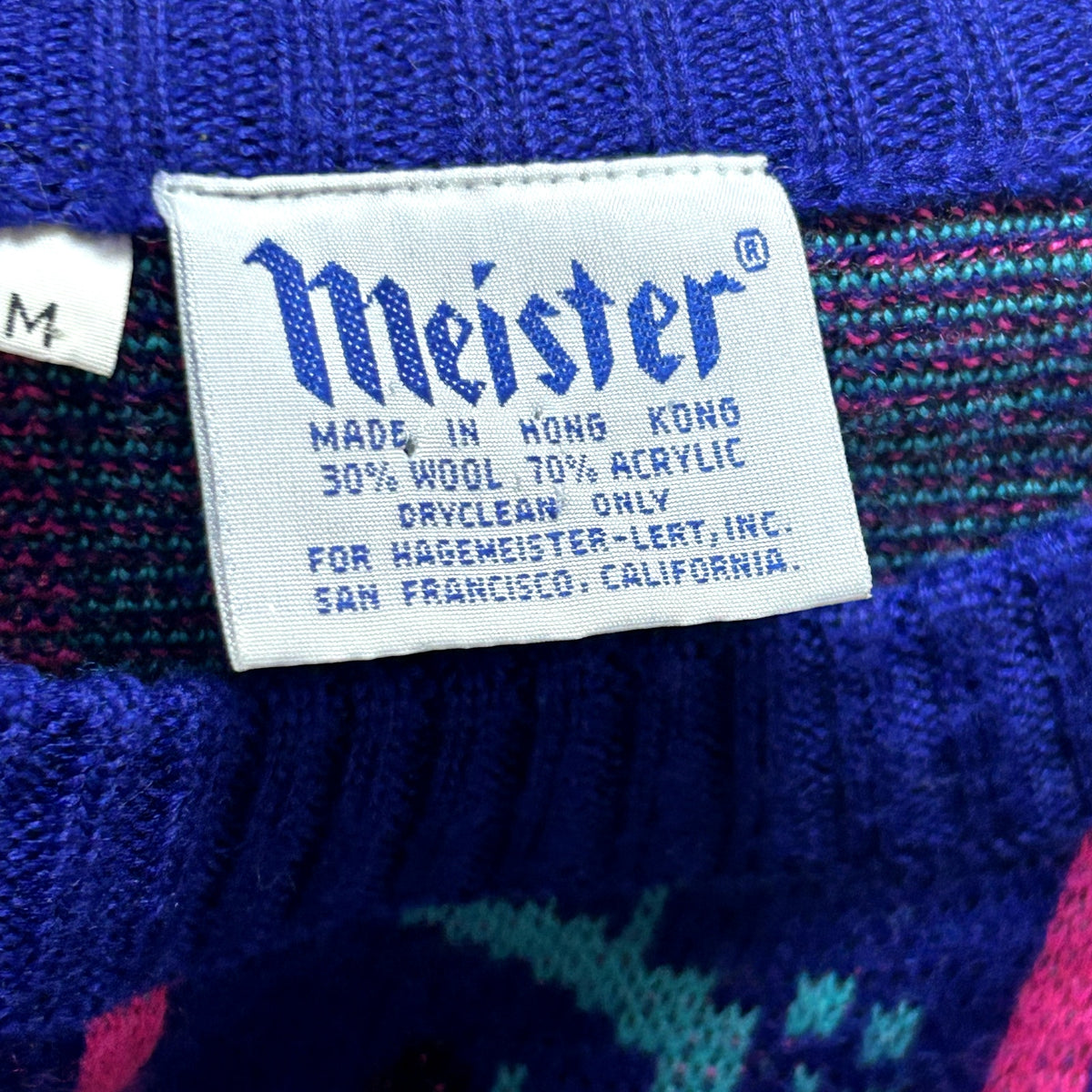 VTG 80s Meister M Purple Teal Maximalist Patterned Wool Knit Retro Cozy Sweater