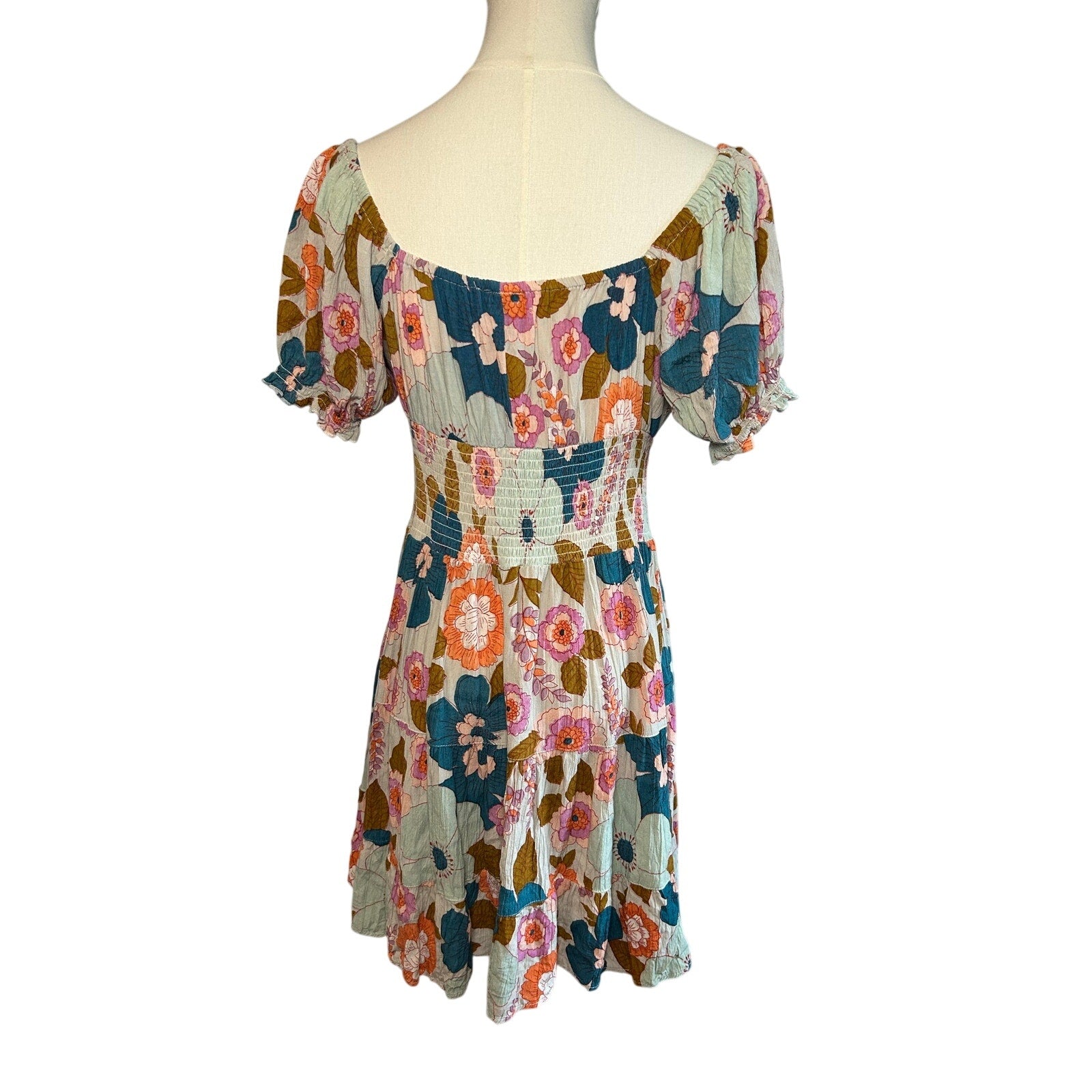 Angie Floral Smocked Boho Mini Dress Medium Cottage Indie Retro Rayon Festival