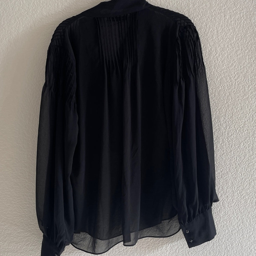 Zara Pleated Tie Neck Blouse Black Sheer Chiffon Pussy Bow Shirt Woman Large L