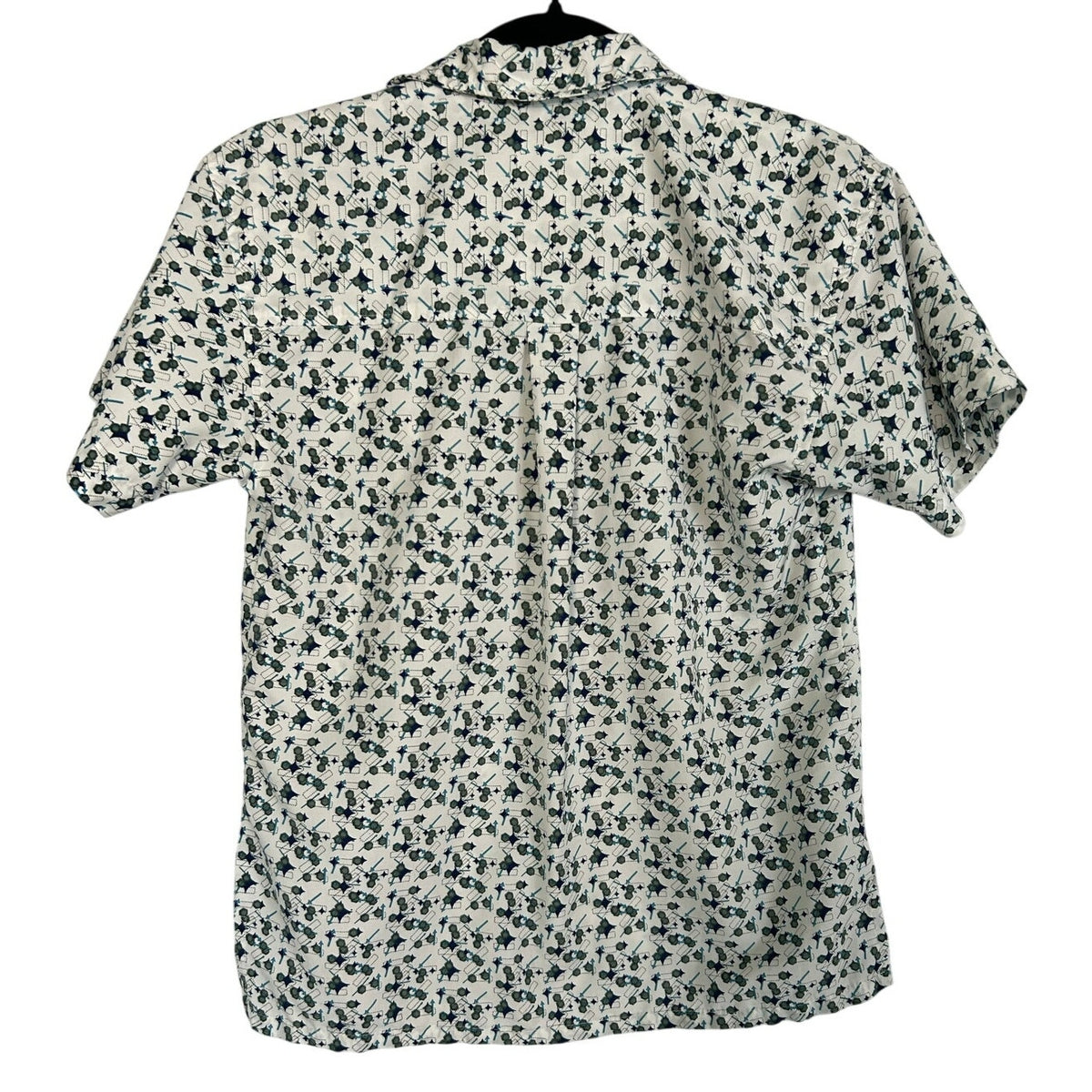 VTG Address Unknown White Teal Navy S Atomic Pattern Retro 90s Mod Poly Button