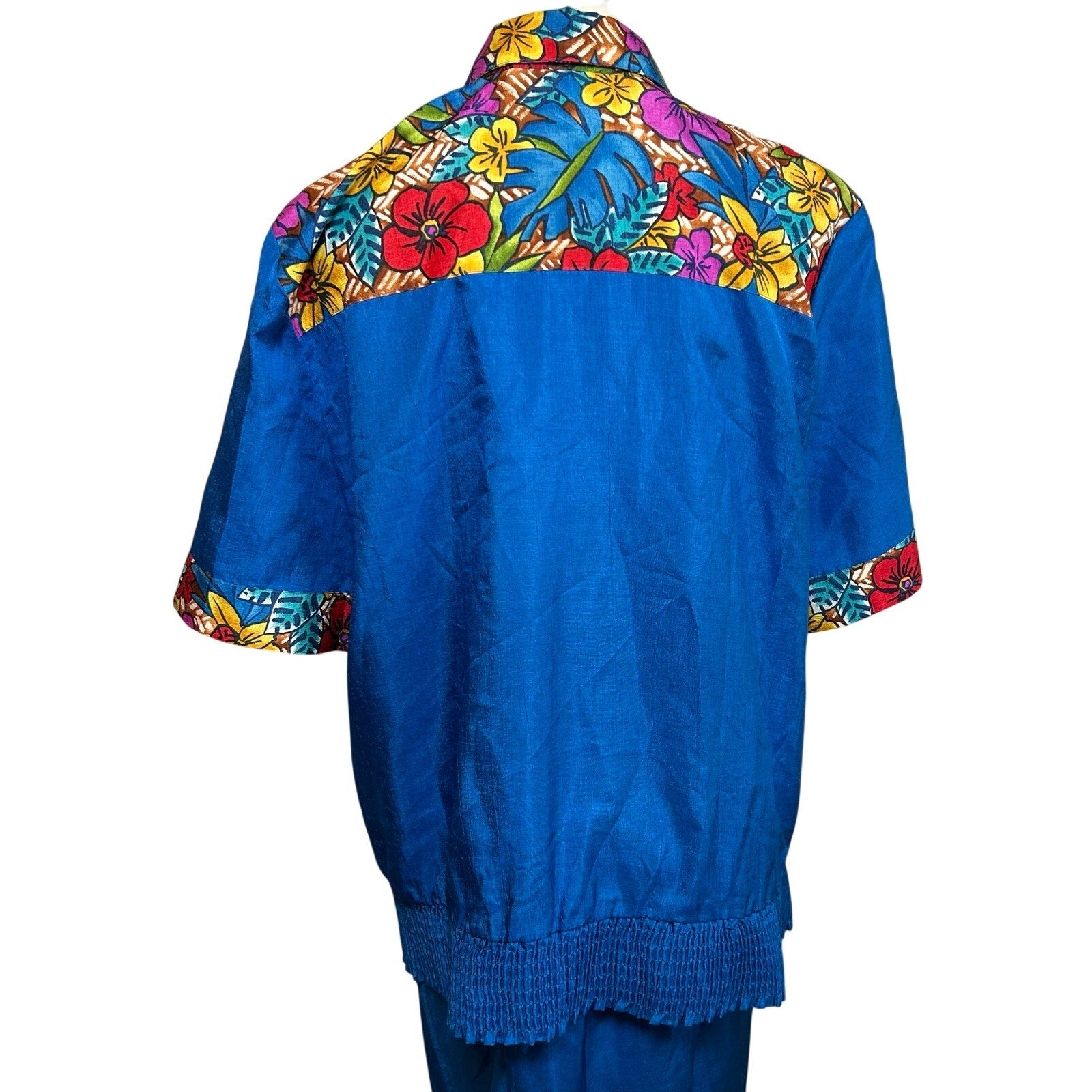 VTG 70s Bechamel 3pc Floral Set Whimsigoth Blue Tropical Jacket Shirt Pants Boho