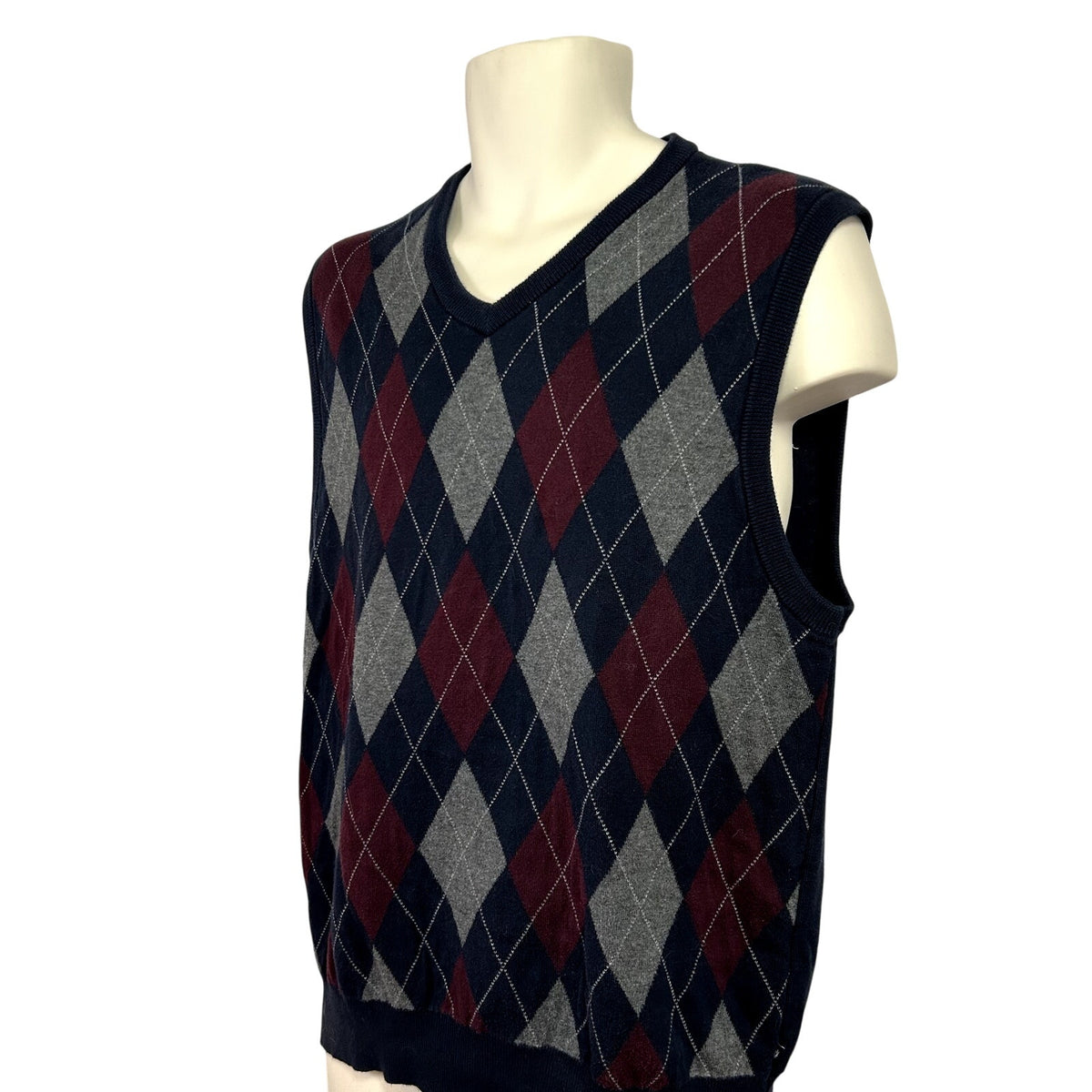 Chaps L Blue Argyle Cotton Knit V-Neck Sweater Vest Preppy Dark Academia