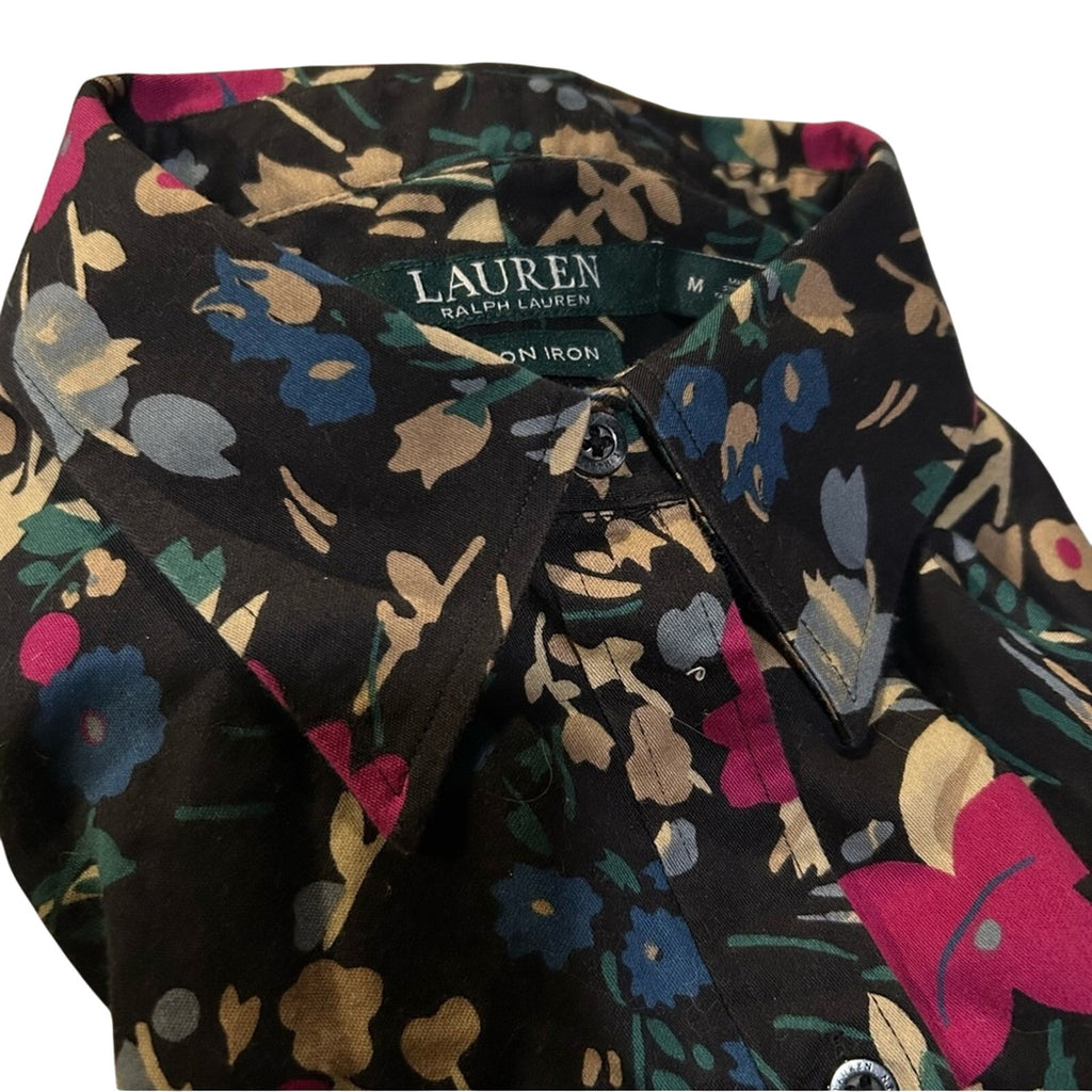 Lauren Ralph Lauren Floral Non-Iron Button Down Shirt Medium Black Pink Career