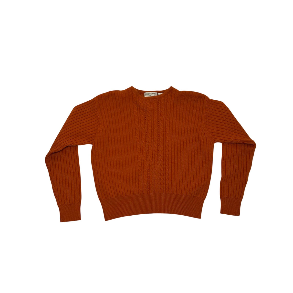 VTG 70s Liz Claiborne Orange Wool Crewneck Pullover Sweater M Cable Knit Cottage