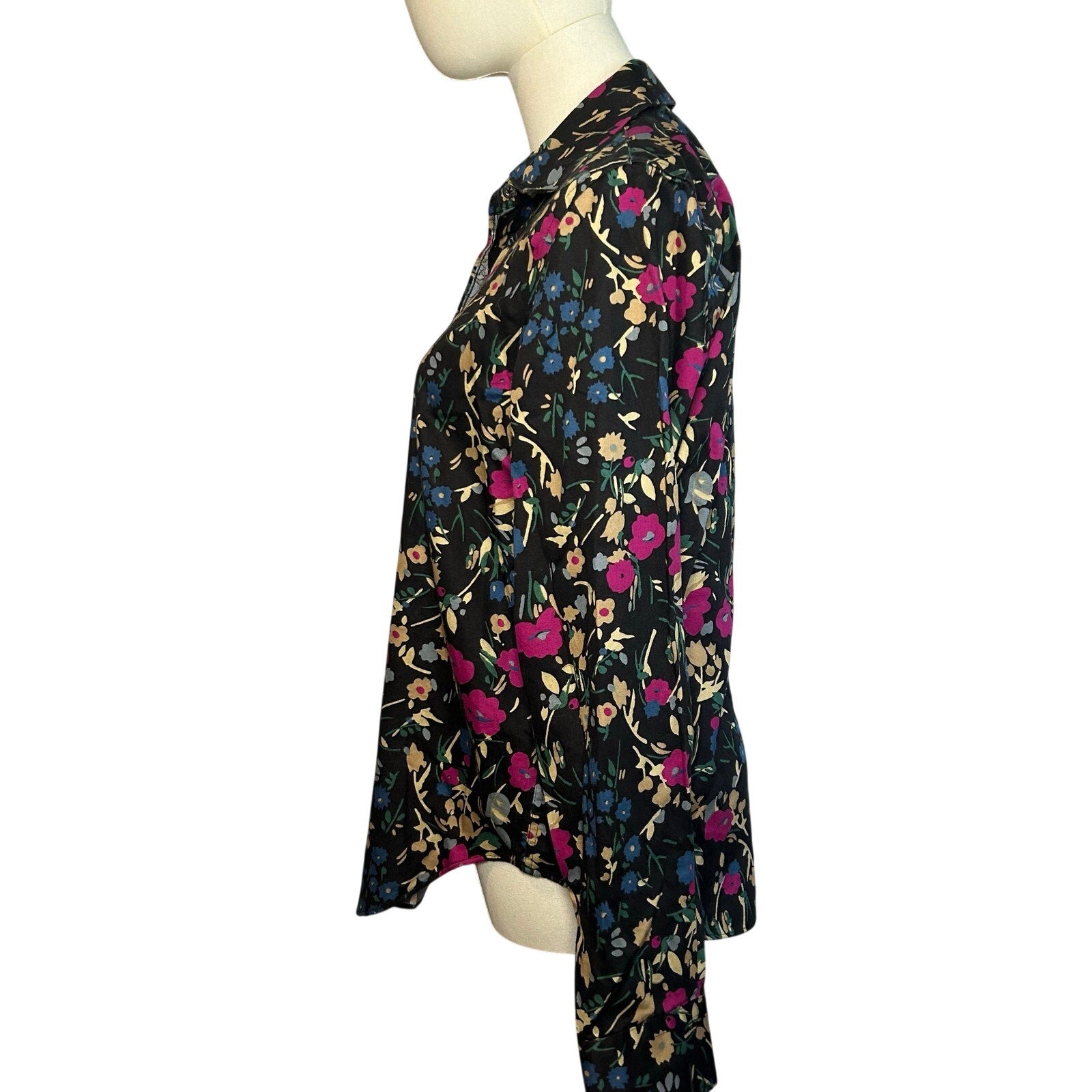 Lauren Ralph Lauren Floral Non-Iron Button Down Shirt Medium Black Pink Career