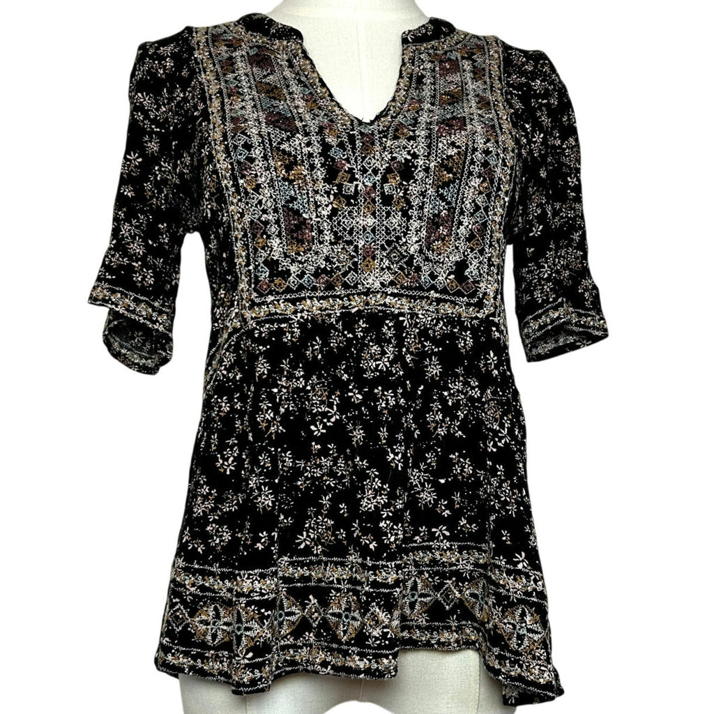 Knox Rose Black Embroidered Boho Floral Tunic Top S Boho Goth Whimsigoth Casual