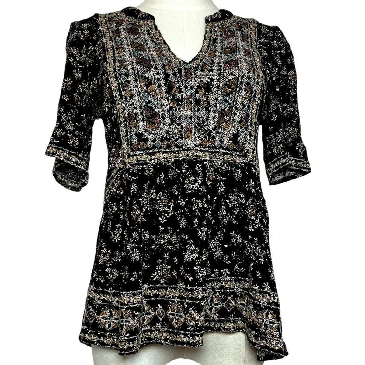 Knox Rose Black Embroidered Boho Floral Tunic Top S Boho Goth Whimsigoth Casual
