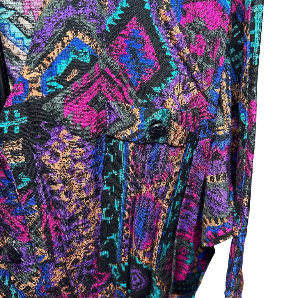 VTG En Focus Geometric Jumpsuit Purple L Rayon Southwestern Boho 90s USA Made