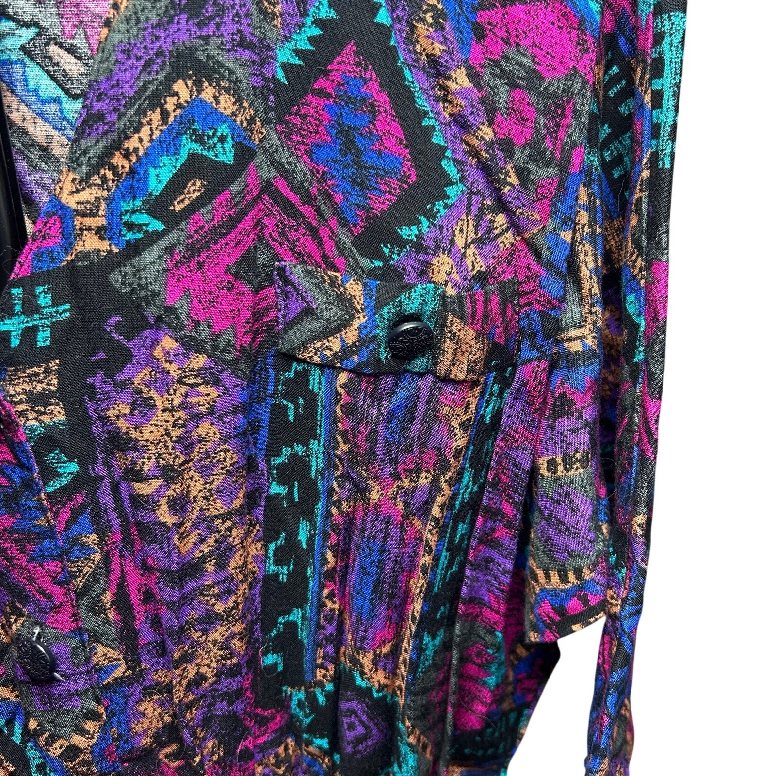 VTG En Focus Geometric Jumpsuit Purple L Rayon Southwestern Boho 90s USA Made