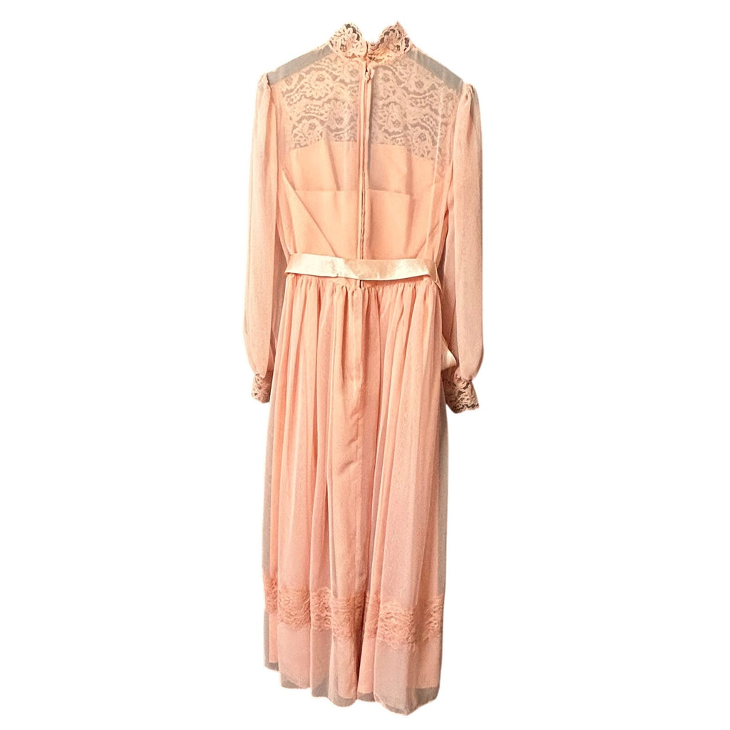 VTG 70s Handmade Peach Lace Maxi Dress Sheer Bishop Sleeve Boho Prairie XS