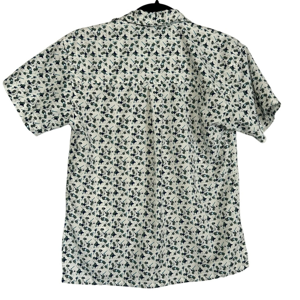 VTG Address Unknown White Teal Navy S Atomic Pattern Retro 90s Mod Poly Button