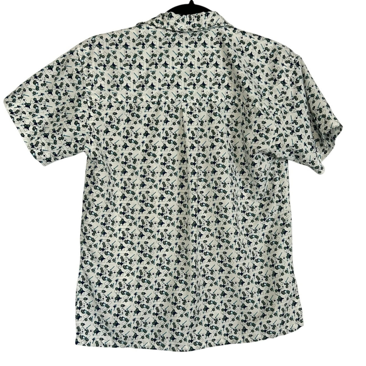 VTG Address Unknown White Teal Navy S Atomic Pattern Retro 90s Mod Poly Button
