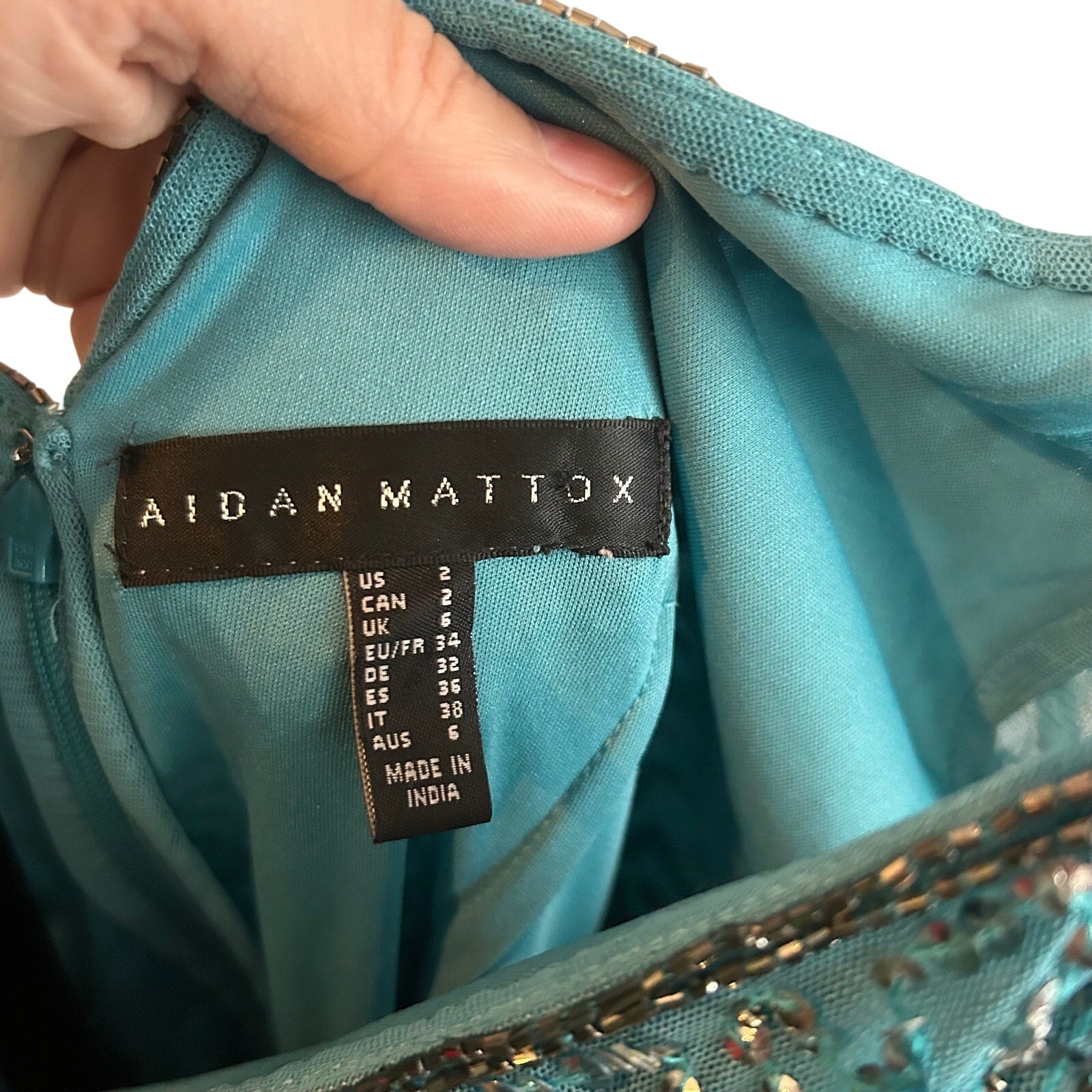 VTG Aidan Mattox Teal Silver Beaded Sequin Cold Shoulder Mini Cocktail Dress 2