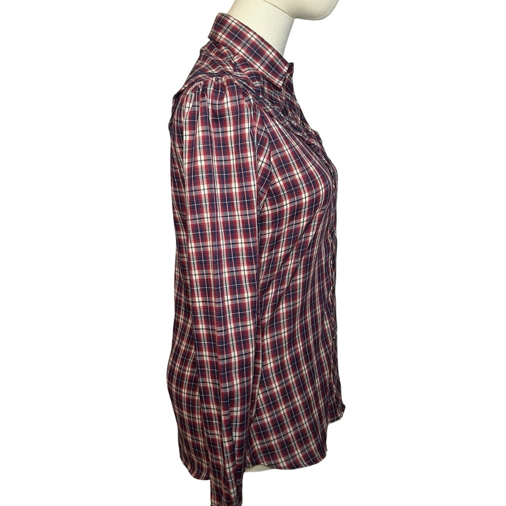 VTG 70s Kenny Rogers XS/S Western Red Plaid Snap Puff Sleeve Shirt Cottage Boho